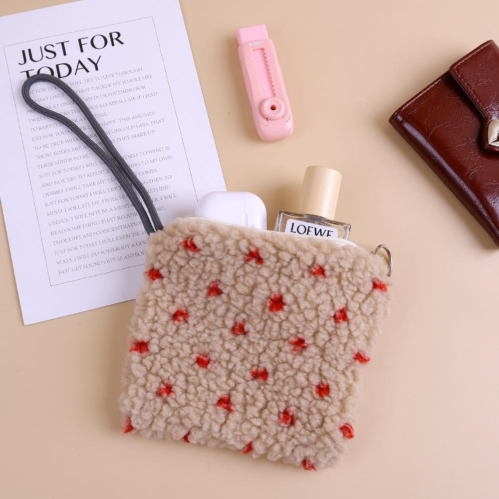 Winter Plush Wallet Zipper Coin Purse Women's Lamb Wool Clutch Bag with Rope Children Cute Purse Card Bag Key Earphone Pouch