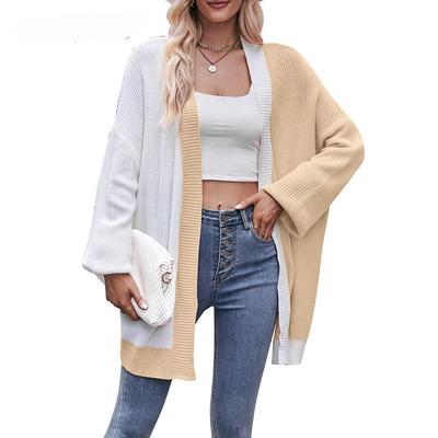 Autumn and Winter Women's Cardigan Sweater Clashing Color Loose Shawl Mid-length Sweater