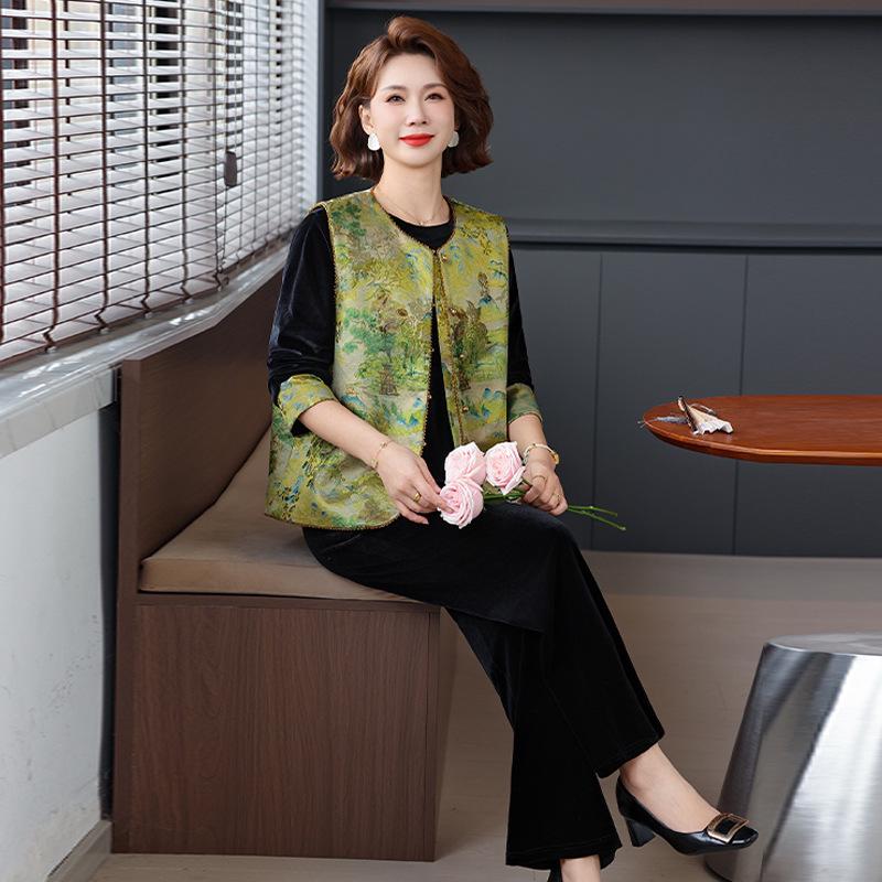 Elegant Mother s Day Chinese Style Golden Velvet Spring Suit Set for Middle-Aged Women XL (approx. 45-52.5kg)