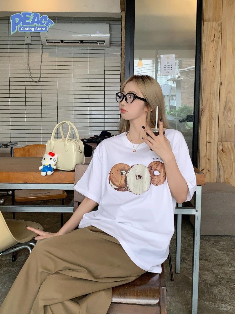 Cute Donut Printed T-shirt for Men and Women Fashion Pure Cotton T-shirt Summer Comfy Commute Short Sleeve Top 90s Graphic Tee