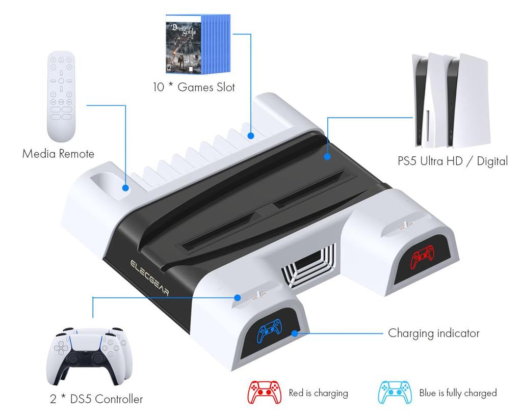 ElecGear PS5 Vertical Stand and Cooling DualSense Wireless Controller Charger Game Storage Bracket for PlayStation 5 and Digital Edition Media Remote