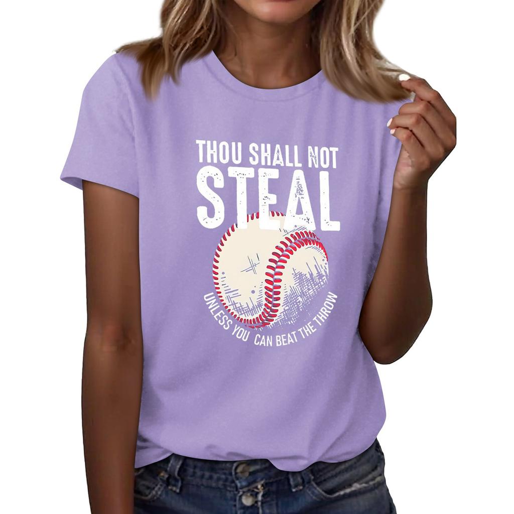 Women's Casual Baseball Print T-shirt Round Neck Pullover Short Sleeve Top