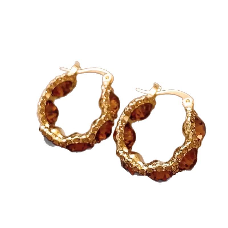 Elegant French Coffee Zircon Round Studs: Autumn/Winter Light Luxury Versatile Earrings