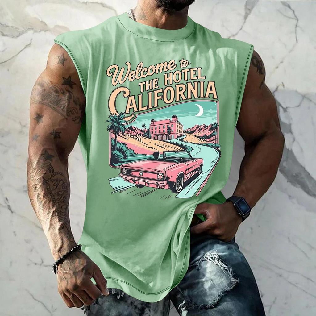 Men Sleeveless Tank Top Loose Fit Breathable Muscle Shirt Vintage Graphic Print Casual Streetwear Summer Sportswear