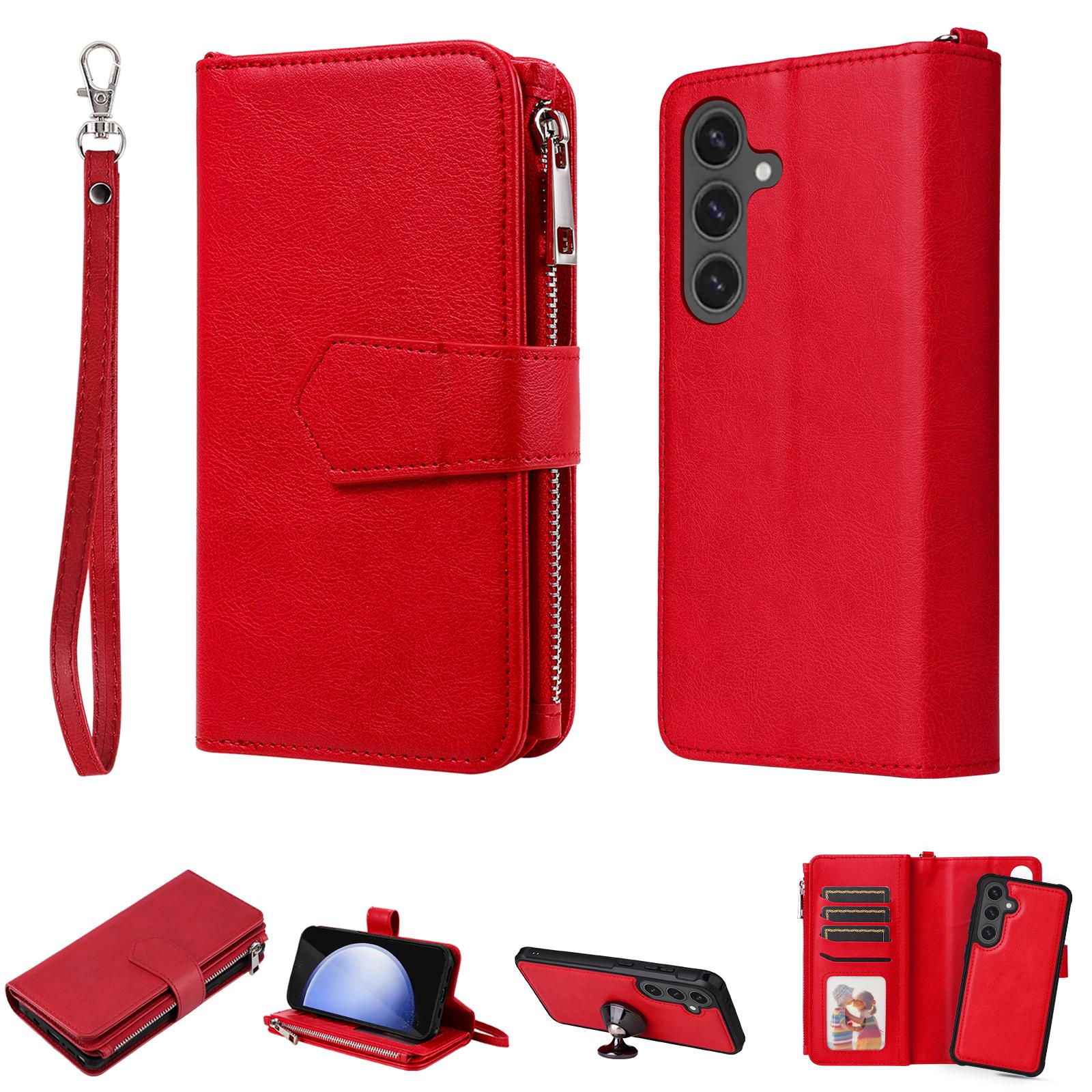 

Для Samsung Galaxy S24 FE Магнитный кожаный чехол Мобильная накладка со съемным кошельком на молнии и ремешком Red