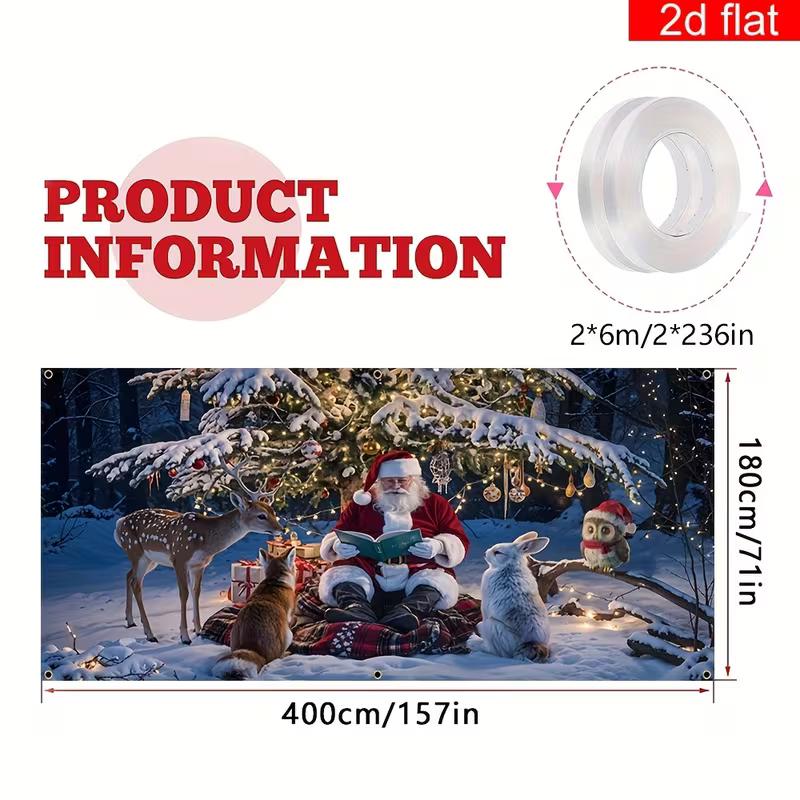 2D Flat Christmas Garage Door Cloth, Santa Reading To Cute Animals In Snowy Forest Scene Backdrop