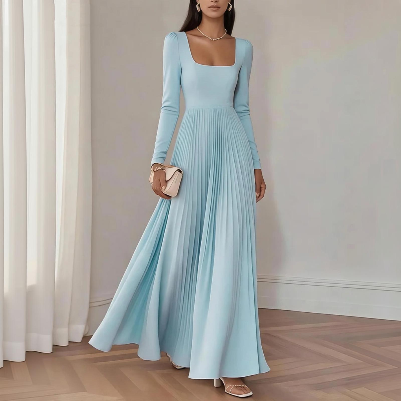 Women s Square Neck Long Sleeve Pleated Midi Dress with Waist-Cinching for Formal Party Occasions XL