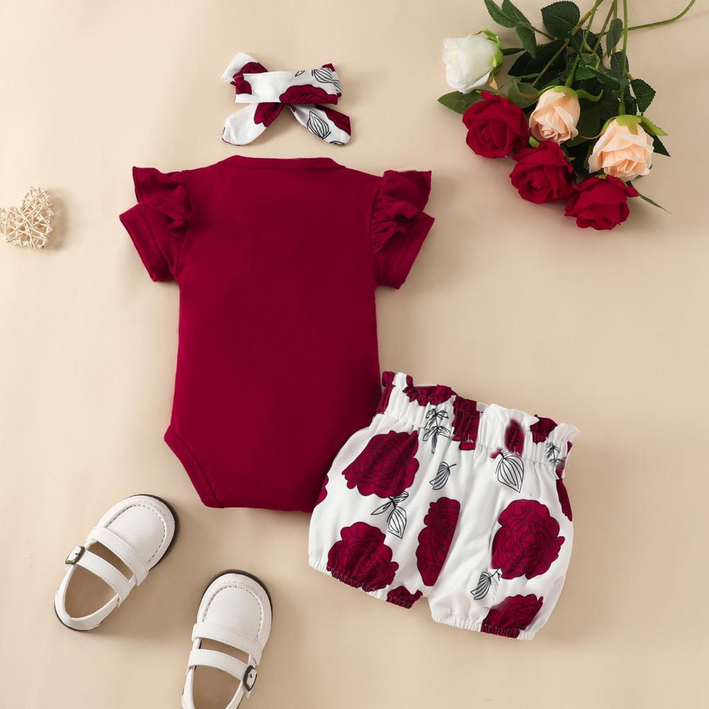 Baby Girl Summer Romper & Shorts Set - "Letter" Top with Belted Flower Pants