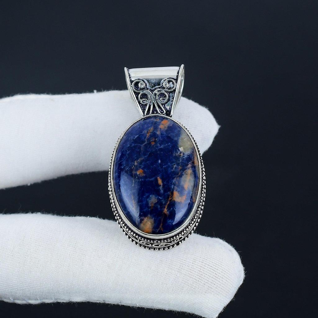 Natürlicher Sodalith Edelstein Silberanhänger in 925 Sterling Silber - Handgefertigtes ovales Design, Alltagsschmuck Verlobung