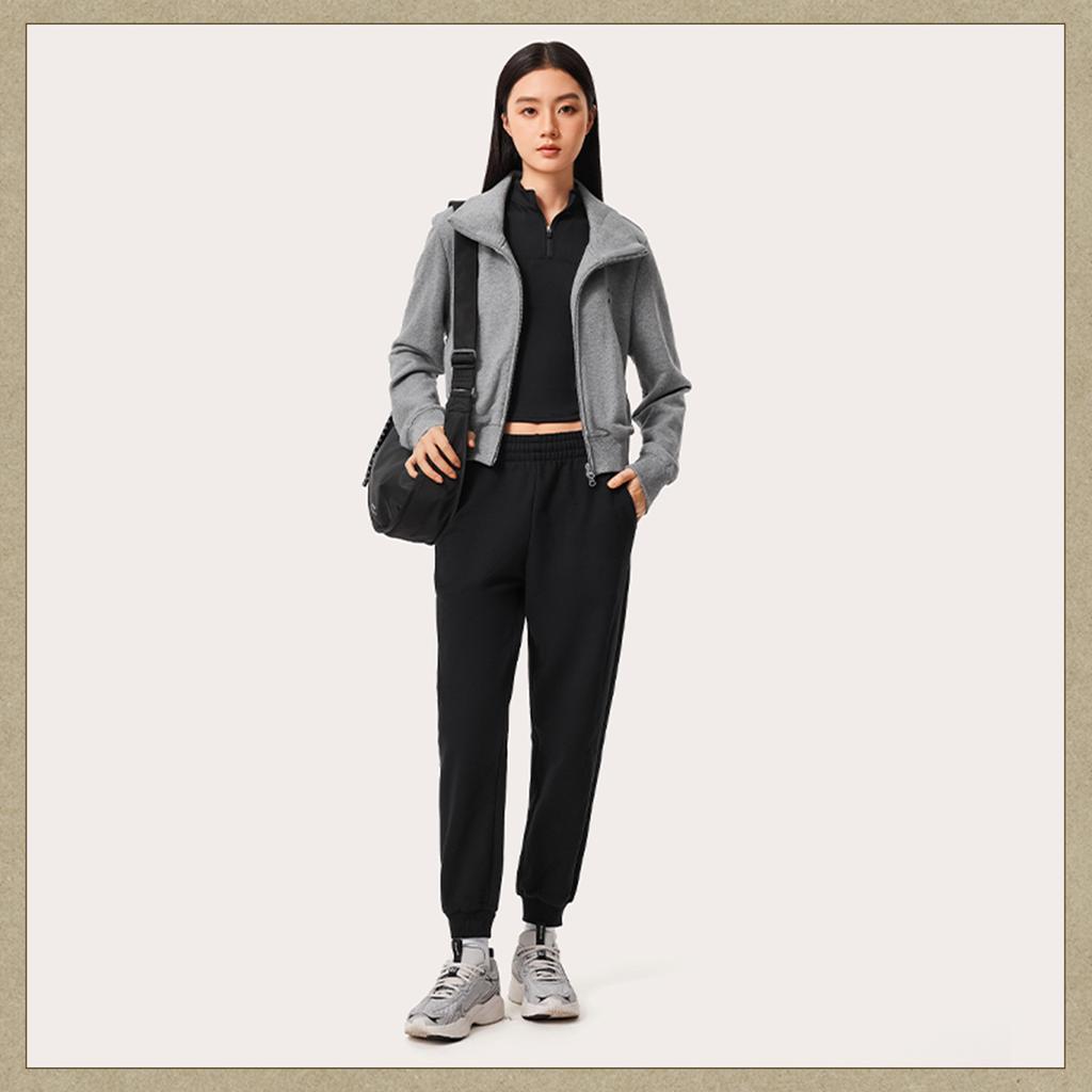 Li Ning Sports Lifestyle Series Logo Cuffed Knitted Fleece Casual Pants Women Bottoms Black AKLU622-2
