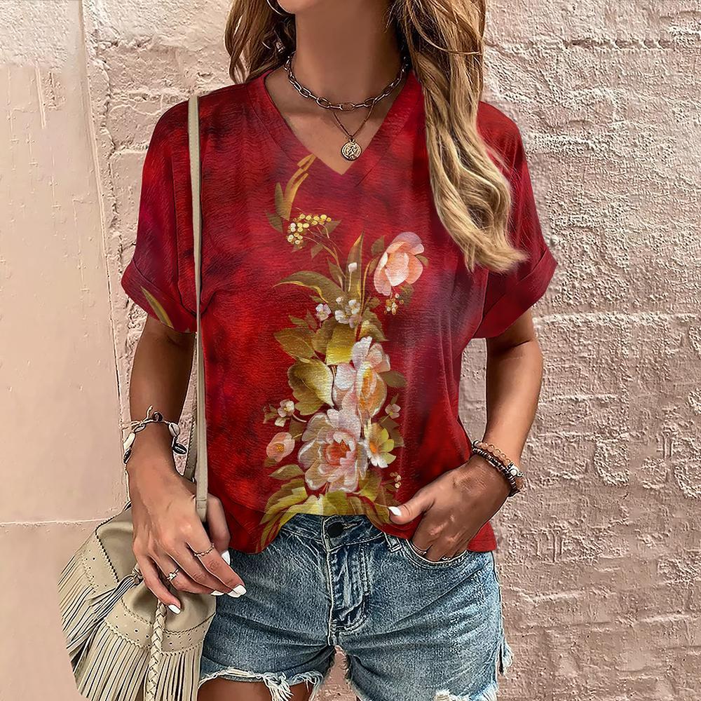 Summer Women's T-shirt Floral Print Casual Short-sleeved 3d T-shirt Fashion Streetwear V-neck Pullover