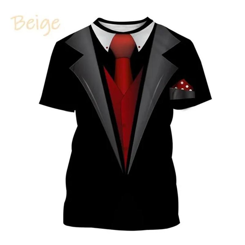 Summer Round Neck 3D Tuxedo Retro Tie Printed Top Fake Suit Tops Fashionable Casual Short Sleeved Men's T-shirts