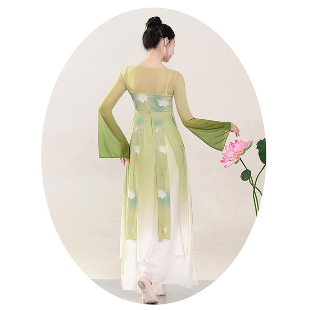Verbessertes Hanfu Klassisches Tanzkostüm für Damen, Fließendes Chiffon Ruqun Set mit Lotusdruck, Tanzkleidung im Tang-Dynastie-Stil für Bühnenauftritte