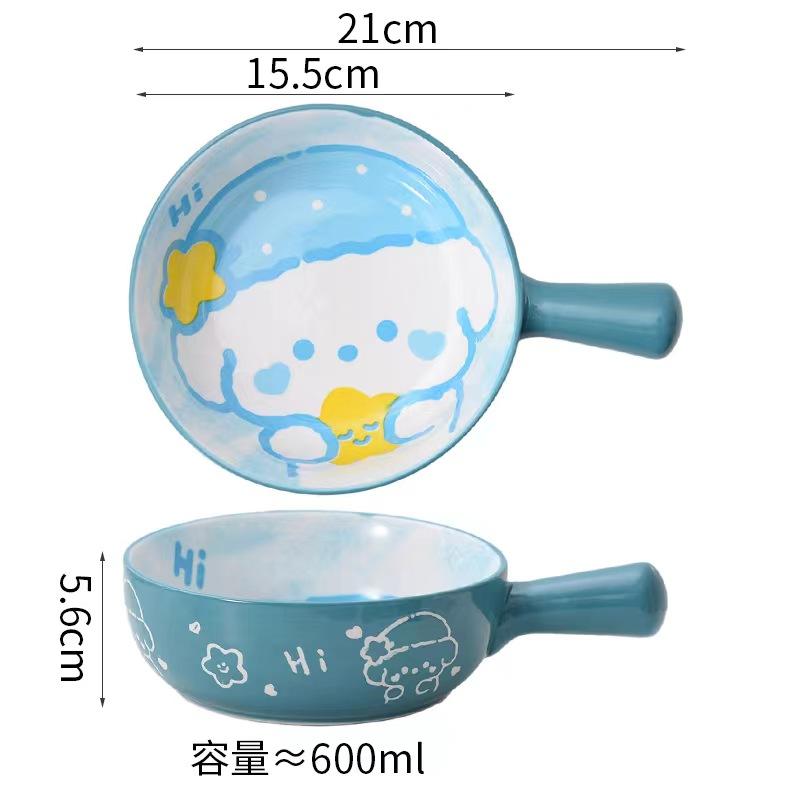 

1pcs Oven Specific Ceramic Baking Bowl Household Fruit Salad Bowl with Handle Cartoon Single Handle Noodle Tableware Plate 6 inch