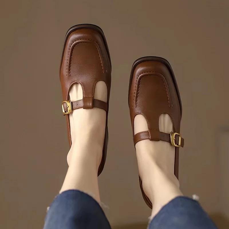 Women's T Strap Leather Shoes Square Toe Oxford Brown Mid Heels Designer Black Pumps Chunky Sewing Dress Shoes