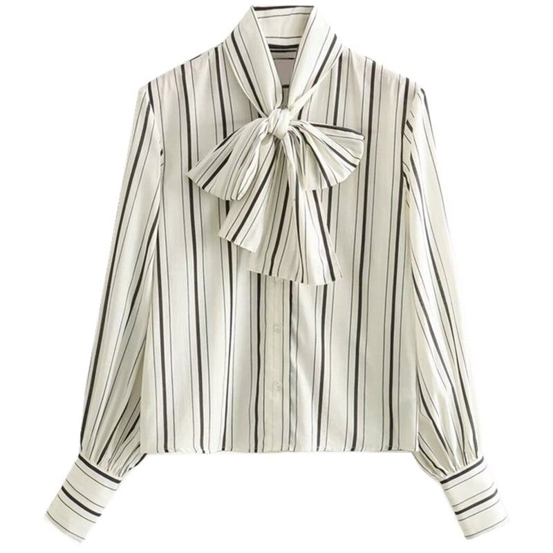 

Модный стиль Новинка Женский Стройнящий Легче всего сочетать Свободный Воротник-стойка Бант Полоска Рукав-фонарик Топы 1215785 Picture color XS