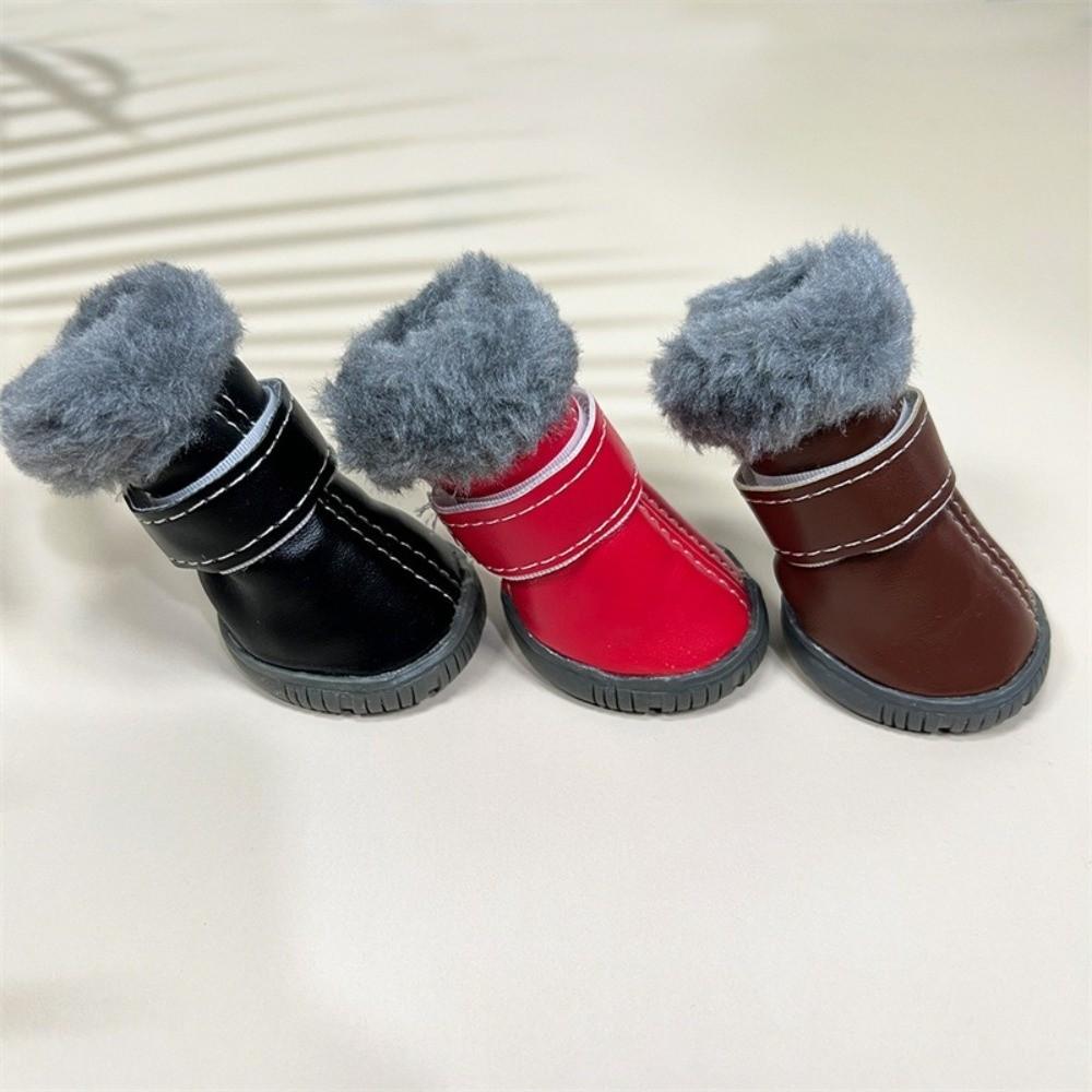 4PCS Plush Winter Pet Dog Shoes Rubber Soles Non Slip Waterproof Dog Boots PU Leather Warm Dog Fleece Shoes Winter Season