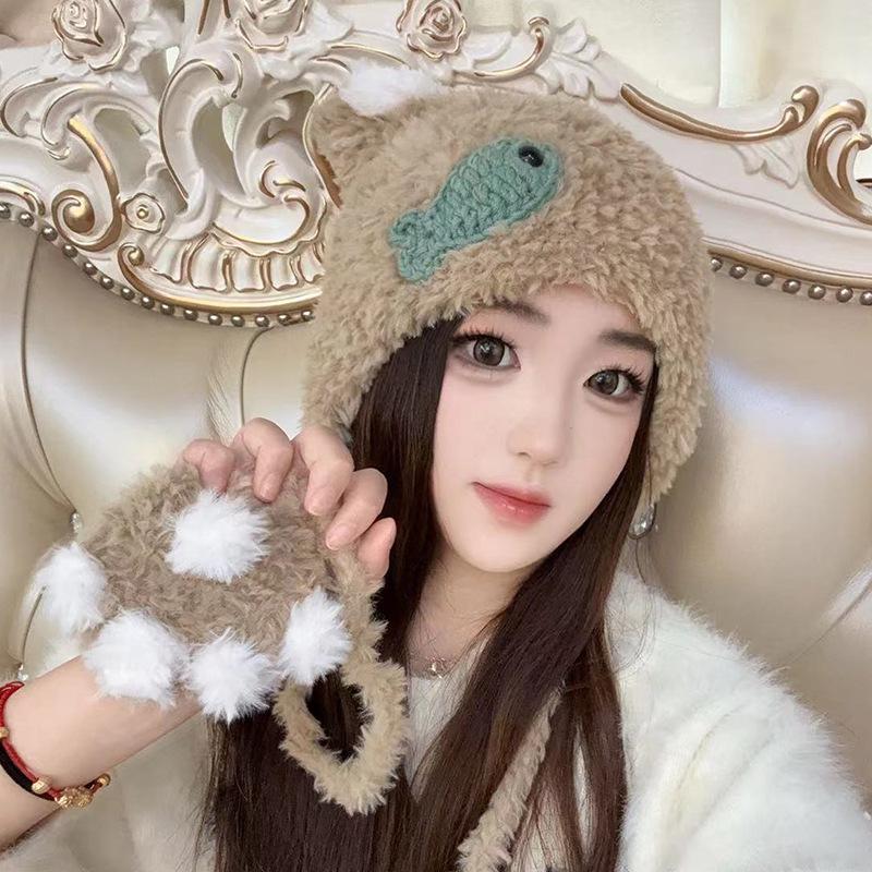 Cute Cat Claw Plush Hat for Women's Ear Protection Lei Feng Hat Knitted Cartoon Riding Warm Versatile Bag Head Hat Men