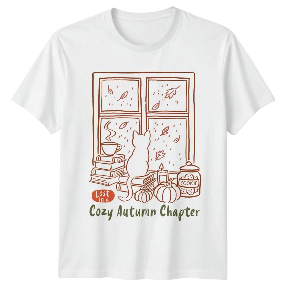 Lost In A Cozy Autumn Chapter Cat Seasonal Graphic Tee Unisexs Unisexs TShirt S