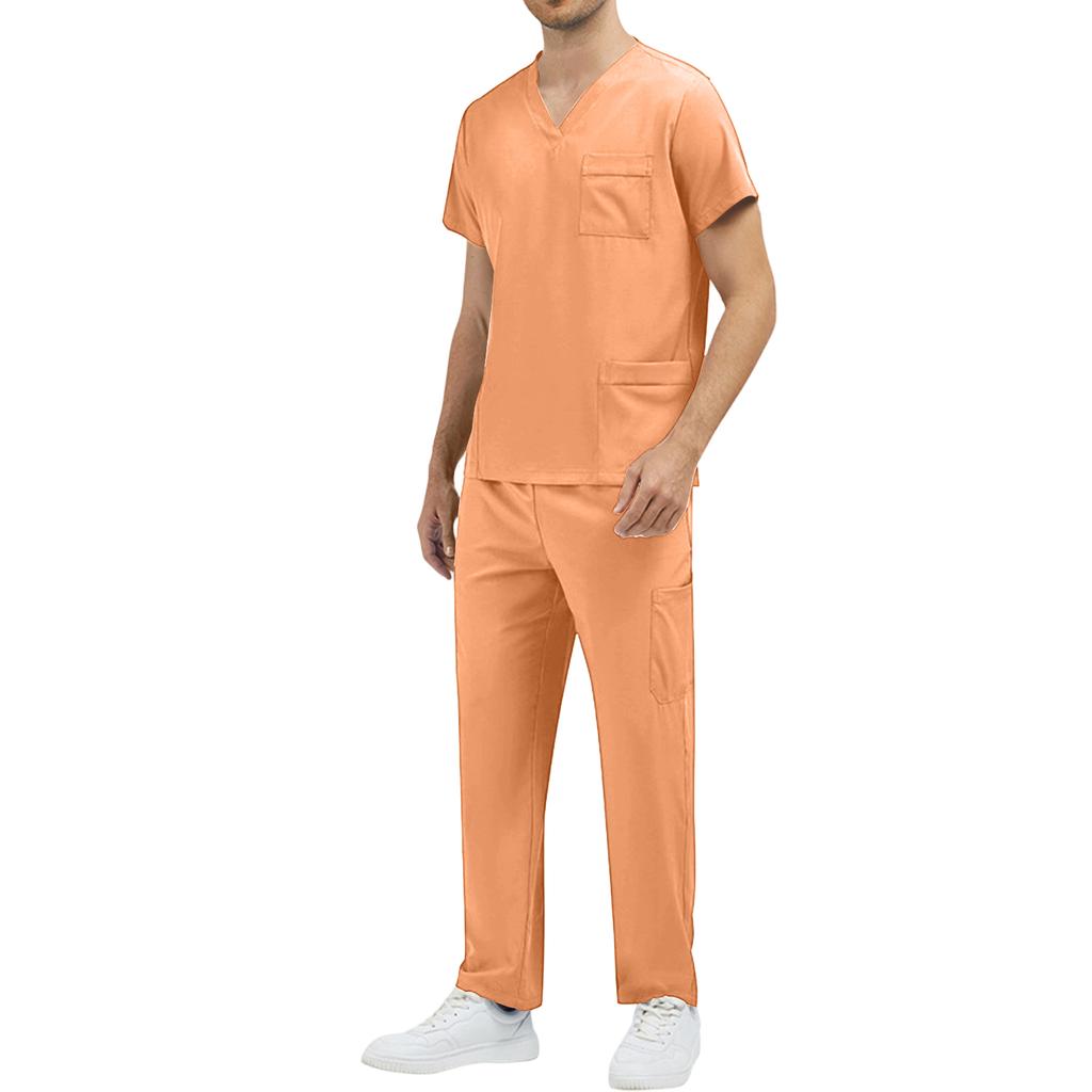 Men’s V Neck Short Sleeve Scrub Set Two Piece Uniform with Chest Pocket and Straight Leg Pants for Medical Work