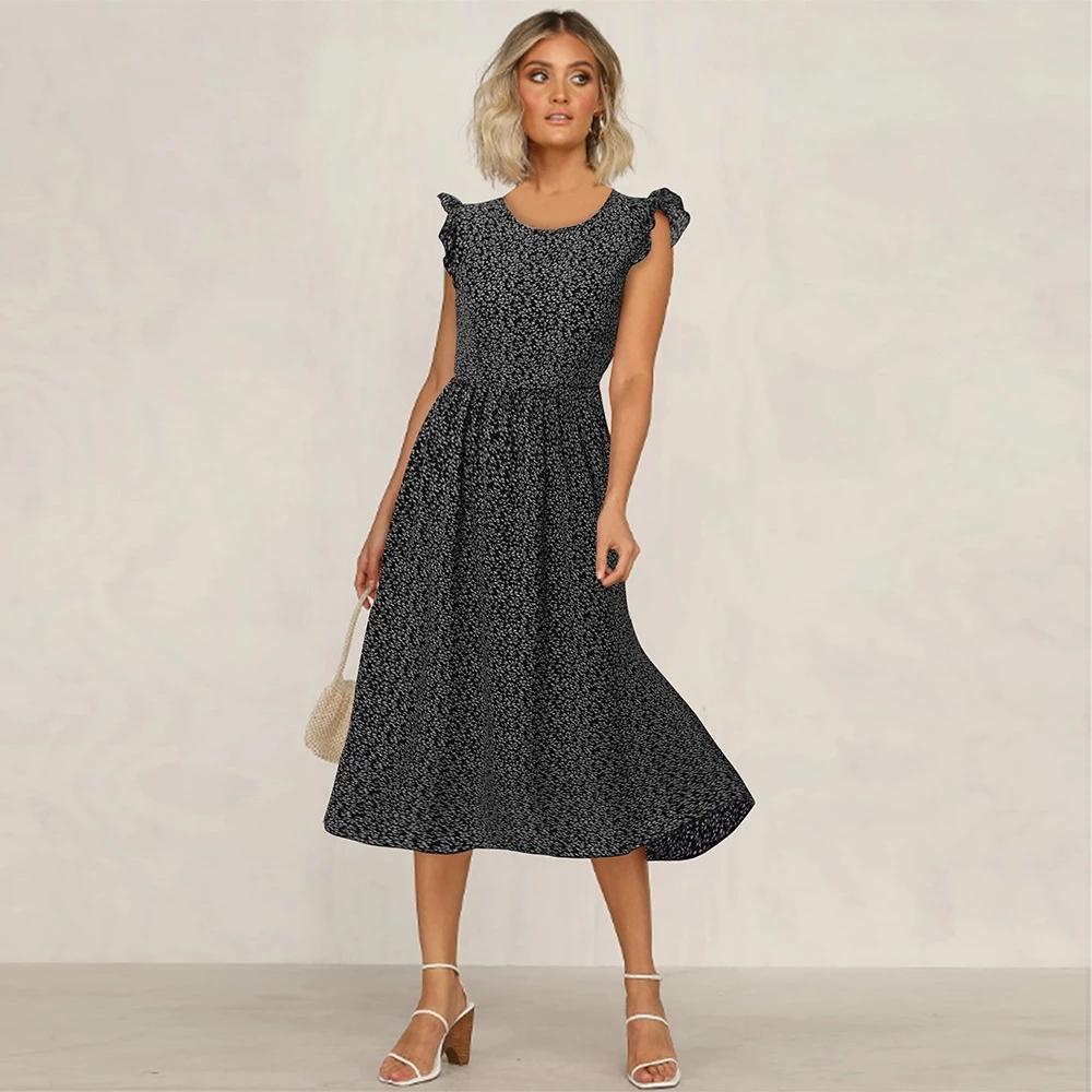 2021 Vestido casual de verano para mujeres Vestidos Elegante Boho Negro  Ropa de mujer Pequeña Floral Flying Short Sleeves A-line High Waist Dress  Printing comprar a buen precio — entrega gratuita, reseñas