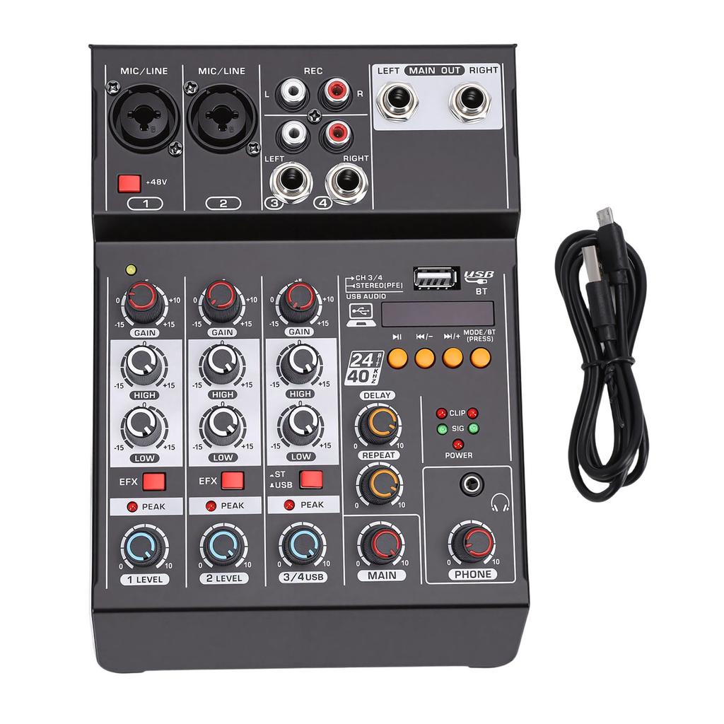 Sound Mixer USB MP3 Bluetooth Computer Input 4 Channel 48V Phantom Power Stereo DJ Mixer for Computer Recording Karaoke