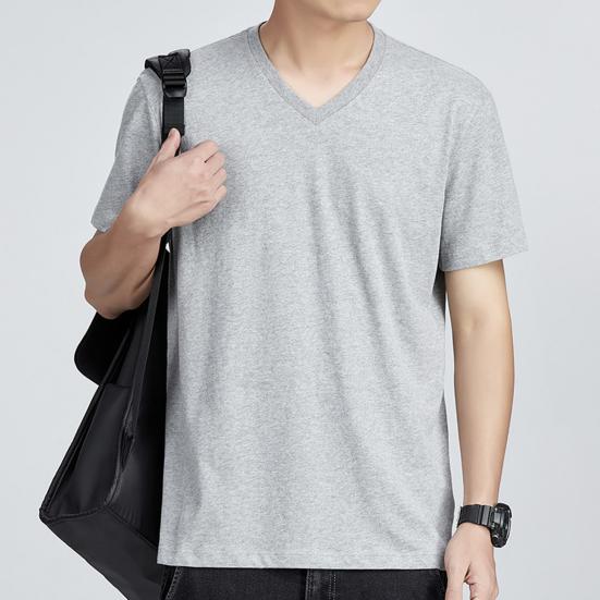 Men Tops Pure Color V-Neck Short Sleeve Tee Shirt Loose Fit Thin Breathable