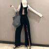 Women Solid Color Wide Leg Loose Elastic High Waist Straight Casual Split Pants