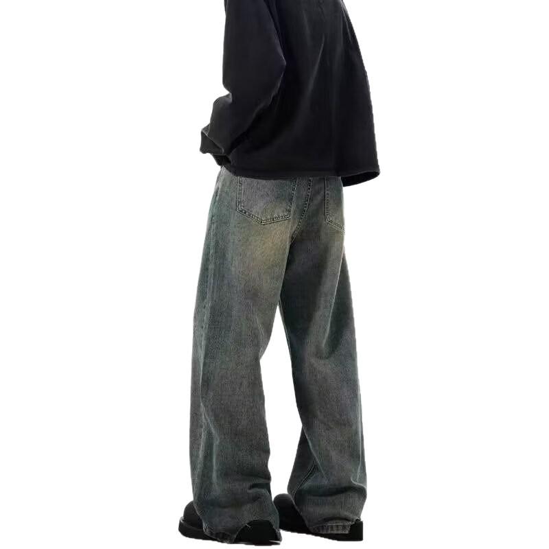 Men's American Retro High Street Wide-Leg Jeans - Spring Arrival, Trendy Loose Fit, Floor-Length