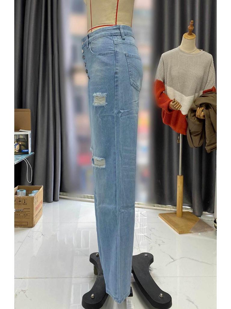 2025 Blue Ripped Women's Loose Straight Jeans - European & American Style