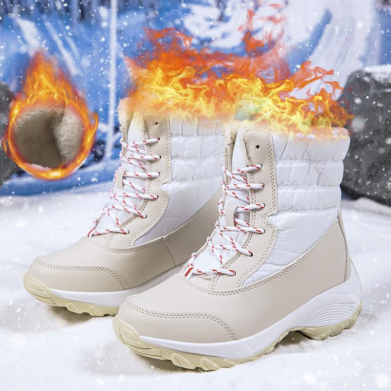 Damskie Zimowe Buty Śniegowce, Ciepłe Wodoodporne Sznurowane Buty, Wygodne Outdoorowe Buty do Połowy Łydki