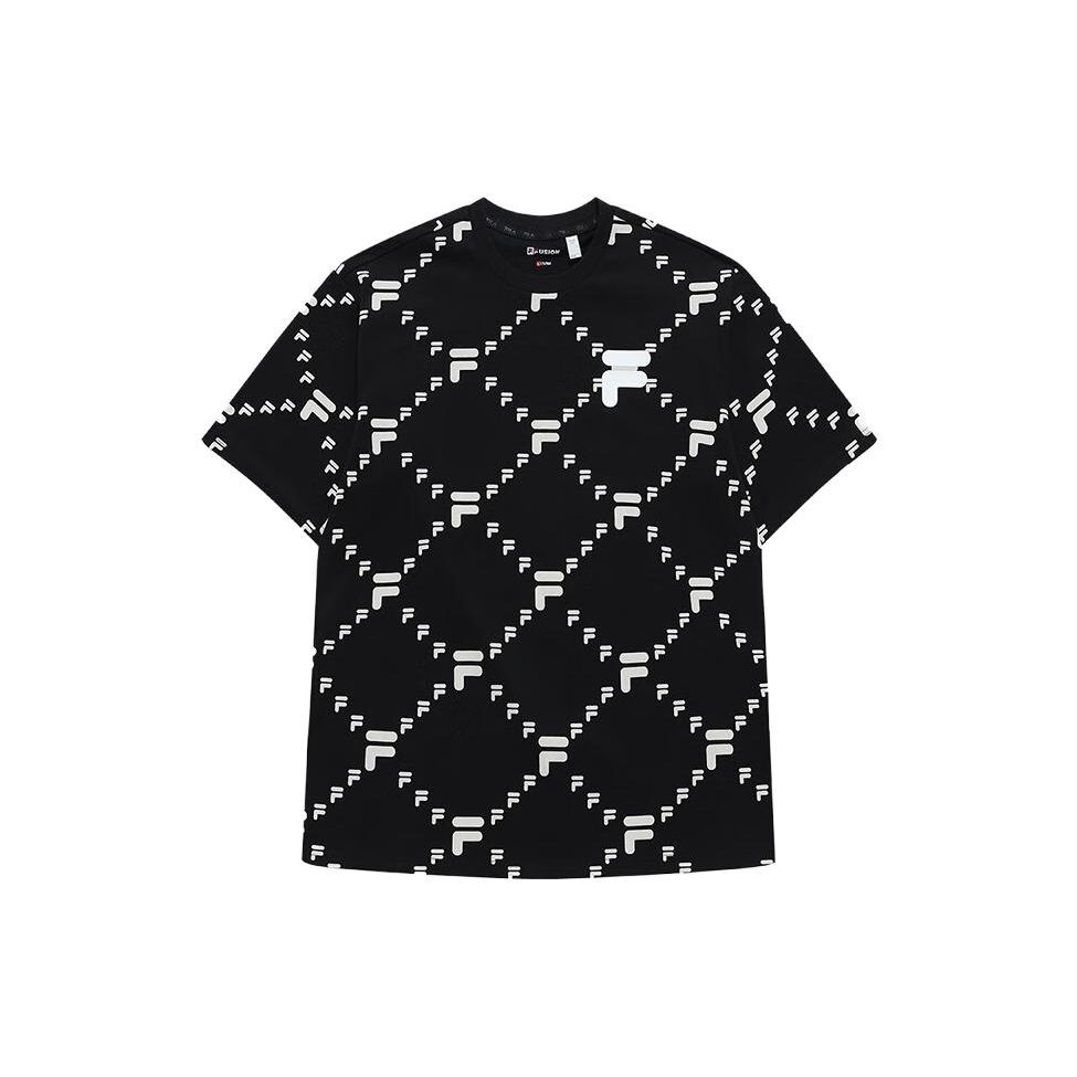 Fila All Over Print Letter Crew Neck Pullover Short Sleeve T-Shirt Unisex T-Shirt Deep-Black T11U326101F-BK