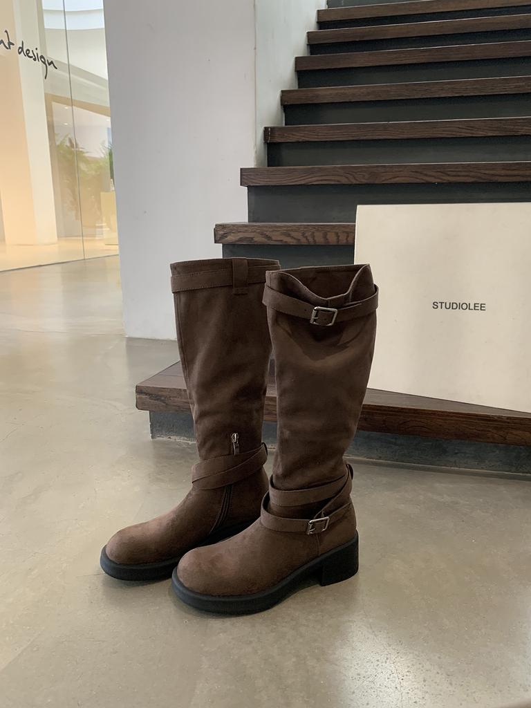 Sheepskin Version~ Skinny and Folded Two Pairs of Boots, Thigh Circumference High Knight Boots, Women's Thick-soled Belt Buckle Round Head Boots