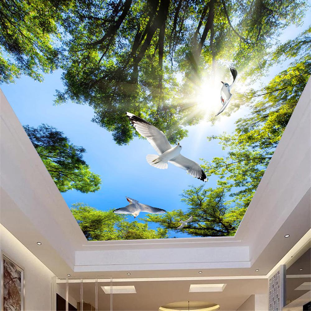 Blue Sky Green Tree White Pigeon Ceiling Wallpaper 3d Large Ceiling Mural Simple Restaurant Living Room Ceiling Wallpaper