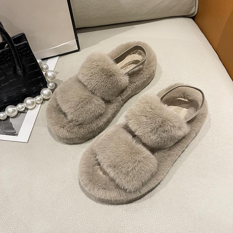 Women Fur Slippers Flats Casual Shoes 2025 Trend New Winter Open Toe Flip Flops Cozy Woman Warm Slides Slingback Zapatos
