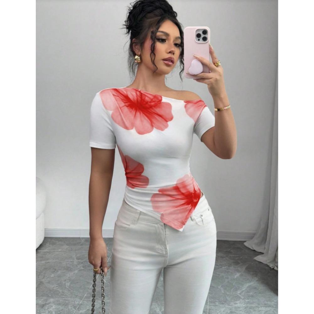 Women's Asymmetric Off Shoulder Short Sleeve Floral Print Slim Fit Irregular Hem Crop Top Casual T Shirt