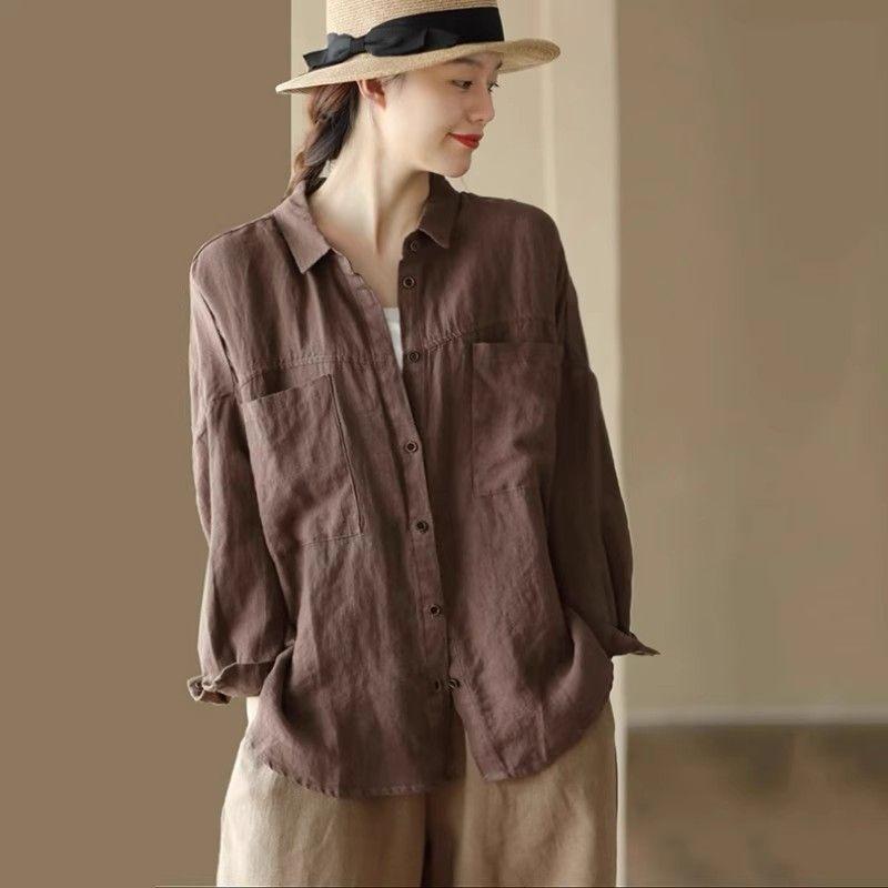 Chemise Polo Manches Longues Vintage en Coton et Lin pour Femme Blouse Décontractée
