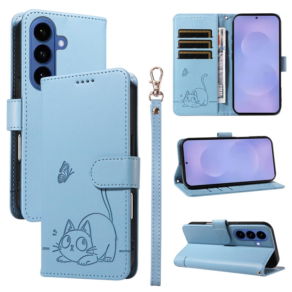 Magnetic Card Solt Wallet Leather Embossed Little Cat Phone Case For Samsung S26 Ultra S25 Plus A16 A57 A17 A07 Bag Pocket Cover