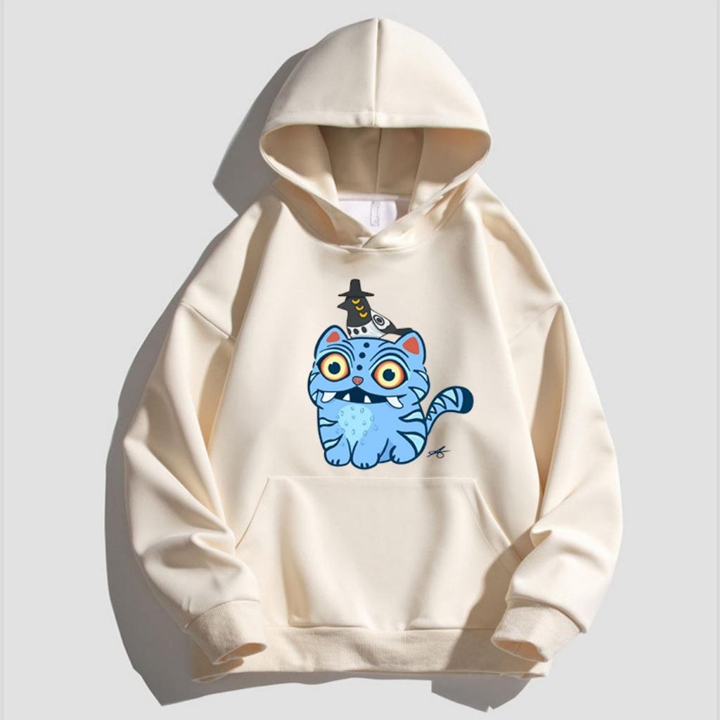 Children's Kpop Style Hooded Sweatshirt with Cute Tiger and Crow Cartoon Girl Hoodies on Top
