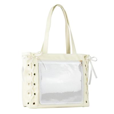 Ita Ribbon Tote Bag with Clear Large for and Oshikatsu Bag, Pocket, Capacity, Mascots, Badges, Decorations, (White)