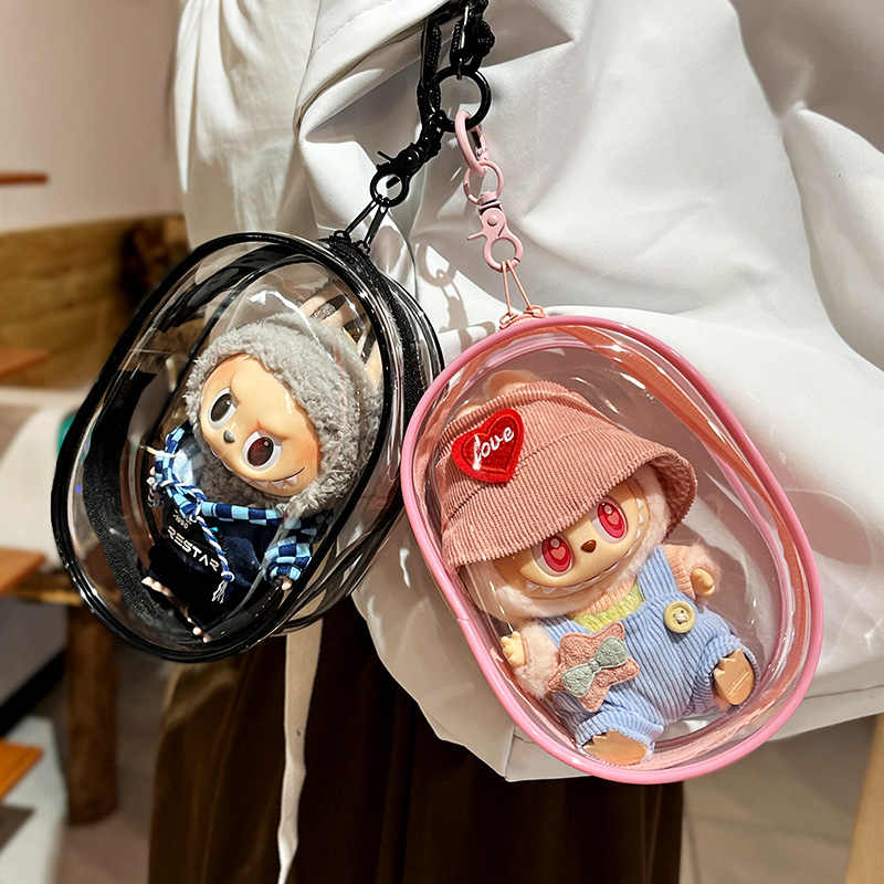 Transparente Schutzhülle Organizer-Box für 15-17cm Labubu Puppen Outdoor-Ausstellungstasche mit Schlüsselanhänger Puppenzubehör