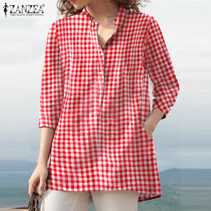 

ZANZEA Женские повседневные свободные блузки с рукавами 3/4 и V-образным вырезом в клетку с принтом