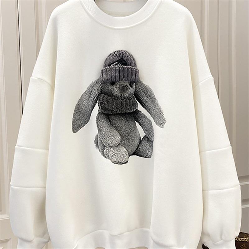

Plush Rabbit Ornament Drop Shoulder Sweatshirt Baggy Long Sleeve Pullover XXL білий