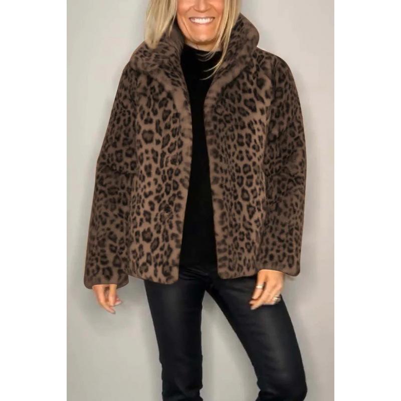2024 Winter New Foreign Trade Women's Jacket, Best-Selling Fashionable Leopard Print Lapel Faux Fur Wool Top