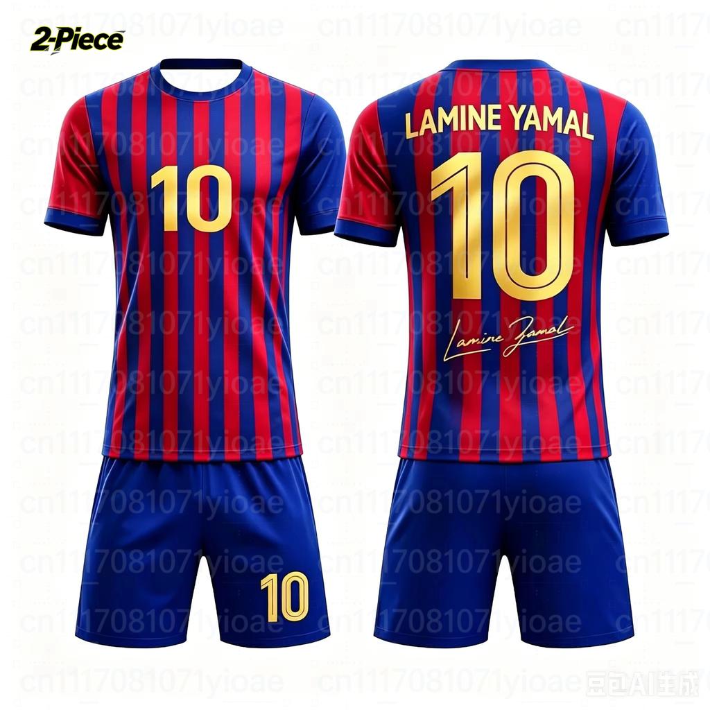 2-teiliges Set Yamal #10 Persönlichkeit Gestreiftes Fußballtrikot T-Shirt Familien-Partnerlook Atmungsaktives Spezielles Set für Kinder