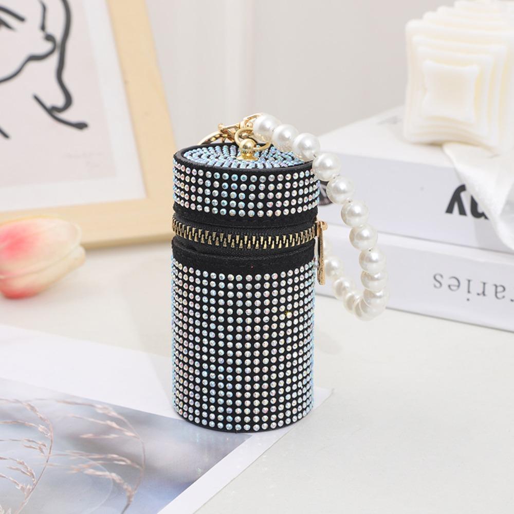 Simple Rhinestone Lipstick Bag Zipper with Keychain Coin Purse Mini Cylindrical Coin Bag