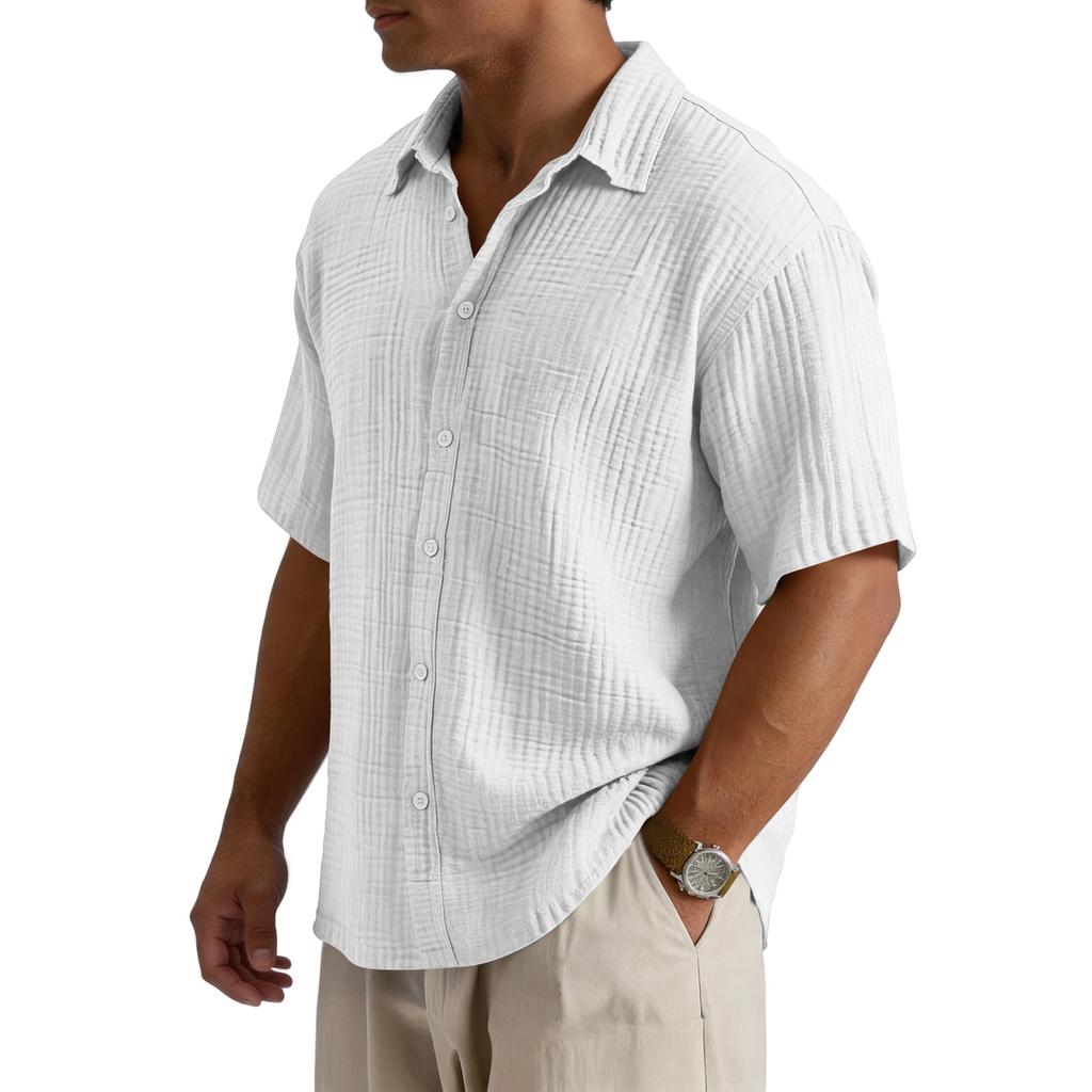Men’s Loose Fit Casual Cotton Crinkle Texture Shirt Short Sleeve Button Down Collared Top for Everyday Wear
