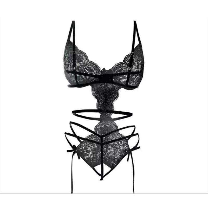 Lingerie Sexy Costume Female Crotchless Bodysuits Underwear Women Lace Sling Patchwork String Sheer Bra Set