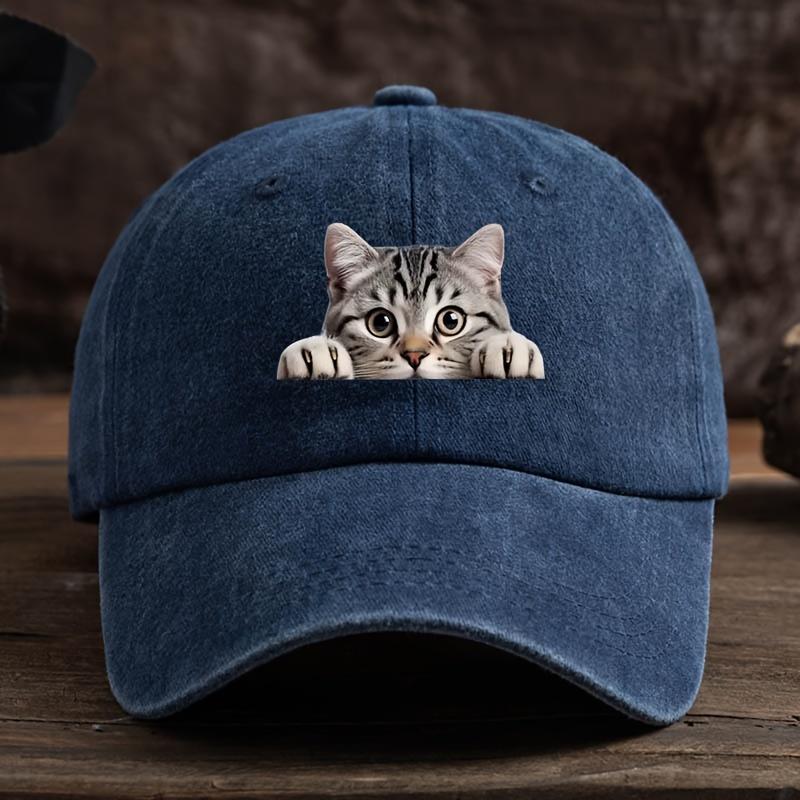 Adjustable Retro Washed Baseball Cap Strap with Cute Cat Print Curved Brim for Sun Protection for Outdoor Travel