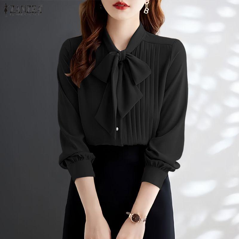 ZANZEA Women Casual Bows Round Neck Loose Long Sleeve Elegant Blouse